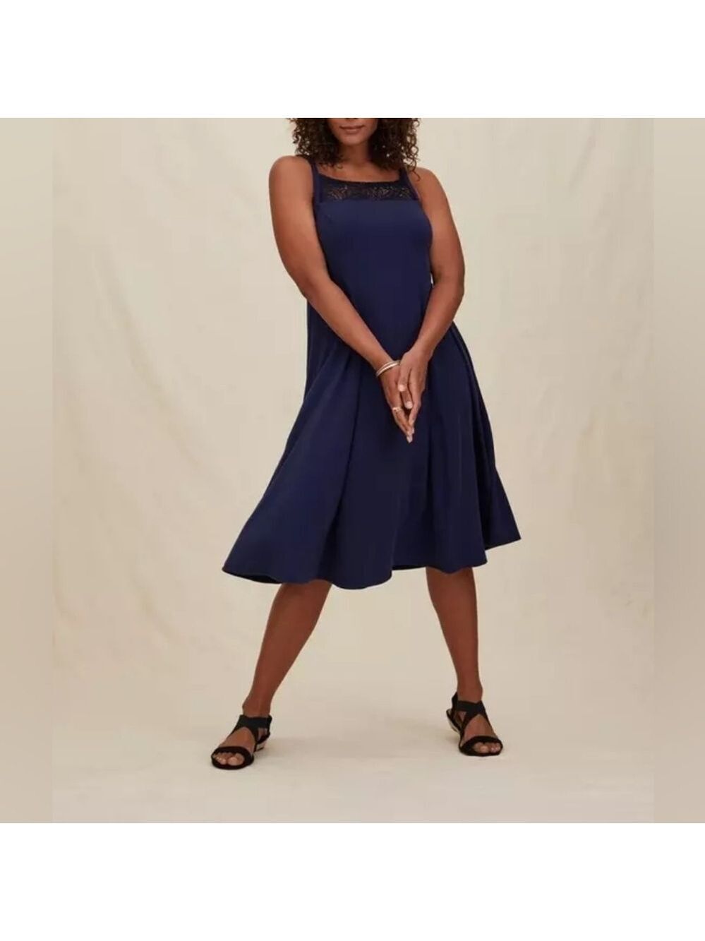 1X • Torrid • Navy Lace Inset Neckline Midi Rib Trapeze Dress